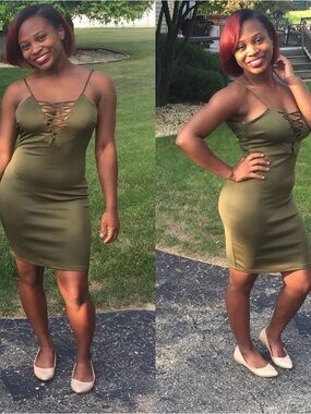 Fashion Nova Olive Green Lace V Neck Bodycon Mini Dress